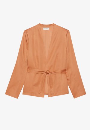 Veste enveloppante couleur rouille fabriquée en tissu lisse, avec des manches longues, un décolleté en V profond et un détail de taille nouée.