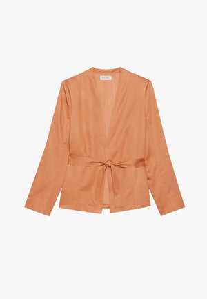 Chaqueta envolvente en color óxido, hecha de una tela suave, que presenta mangas largas, un escote en V profundo y un detalle de cintura atada.