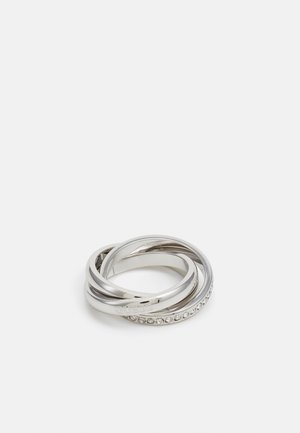 Silver ring set featuring intertwined bands, polished finish, one band textured with clear stones, engraved branding on one band.