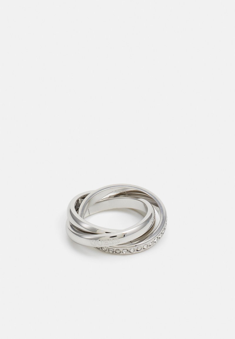 Silver ring set featuring intertwined bands, polished finish, one band textured with clear stones, engraved branding on one band.