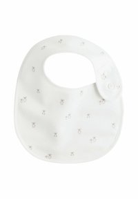White cotton bib with a rounded shape, featuring light brown teddy bear embroidery patterns and a snap closure on the side.