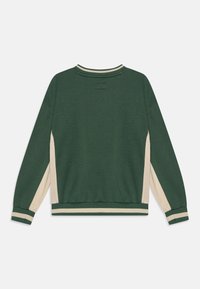 Sudadera verde con paneles laterales crema, puños y dobladillo acanalados, y un escote redondo. Tejido suave y texturizado con rayas contrastantes.