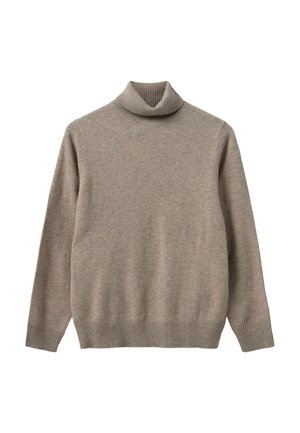 Pulover u svjetlo smeđem pletivu, s rebrastim visokim ovratnikom, manžetama i opuštenim krojem. Bešavna izrada s mekanom teksturom.