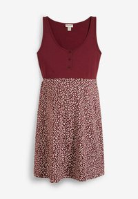 Robe de maternité avec un haut bordeaux et une jupe imprimée animal, présentant un col rond, des détails de boutons et un tissu doux pour le confort.