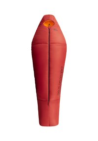 Röd syntetisk sovsäck med en avsmalnande design, har en orange insida, hel längd dragkedja och "MAMMUT"-logotyp på sidan.
