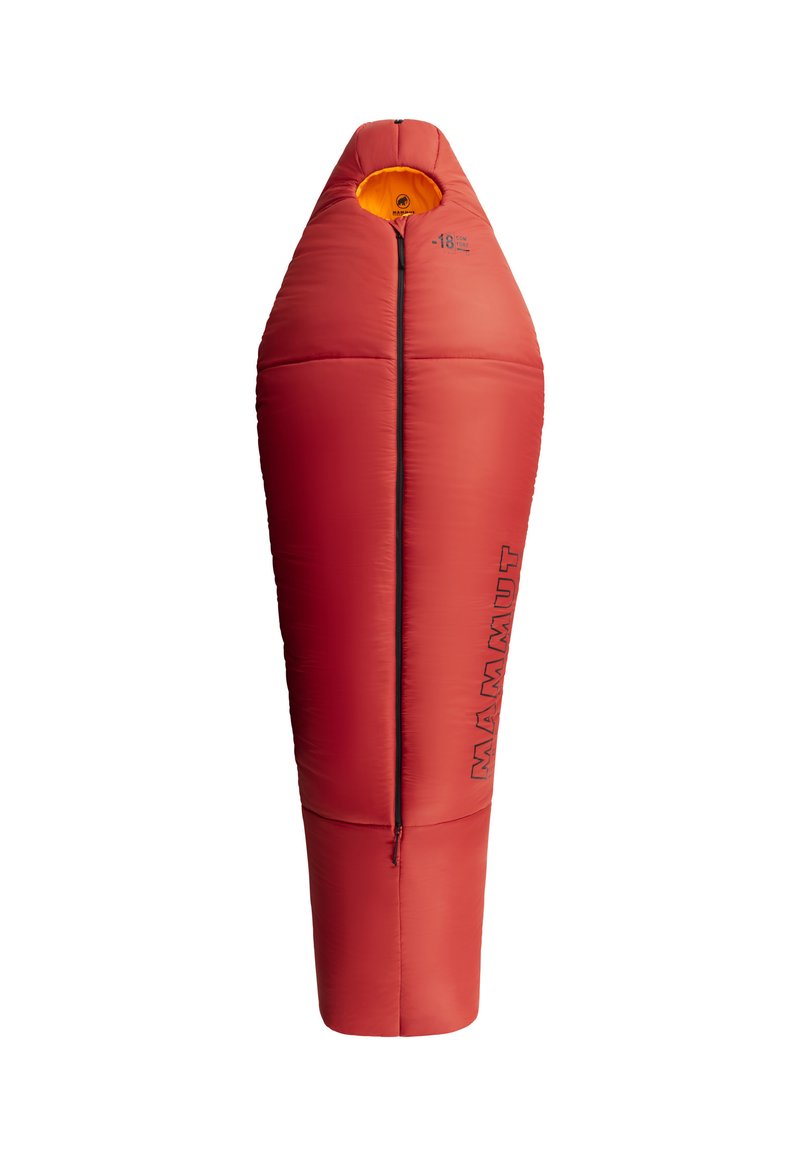 Röd syntetisk sovsäck med en avsmalnande design, har en orange insida, hel längd dragkedja och "MAMMUT"-logotyp på sidan.