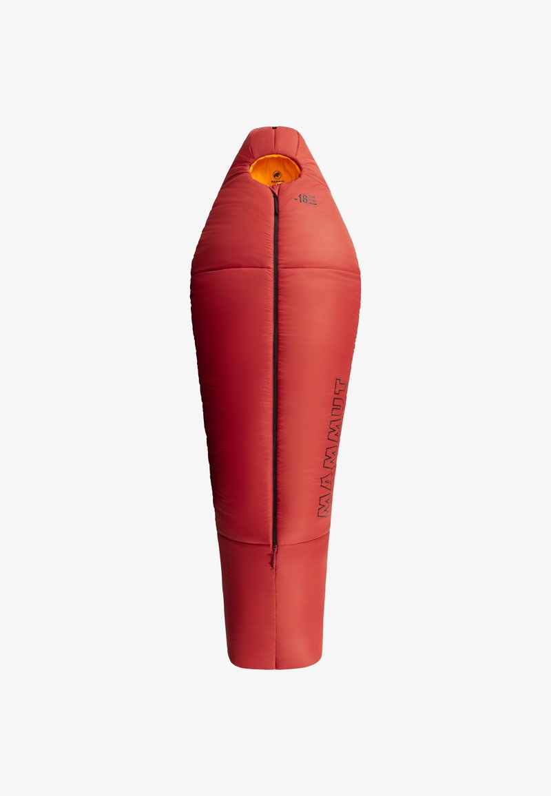 Roter synthetischer Schlafsack mit konisch zulaufendem Design, ausgestattet mit einem orangen Innenfutter, einem durchgehenden Reißverschluss und dem "MAMMUT"-Logo an der Seite.