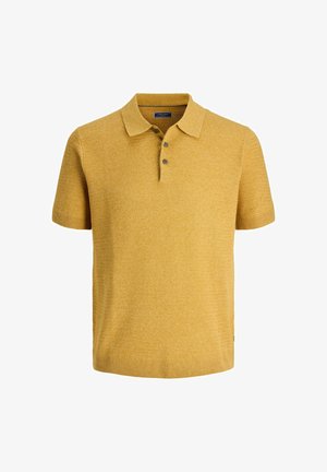 Vīriešu dzeltens sinepju krāsas īsroku adīts polo krekls ar apkakli un divām pogām uz plākstera.