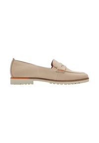 Beige skinnloafers med avrundet tå og sydd detaljer. Tyk hvit såle med en subtil oransje detalj på hælen.