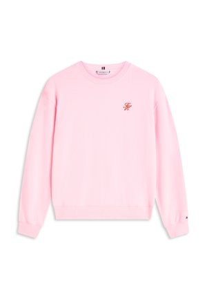 Sweat-shirt rose clair avec un col rond, des manches longues, des poignets et un ourlet côtelés. Présente un petit logo rouge brodé sur la poitrine.