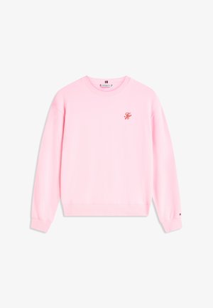 Gaiši rozā džemperis ar apaļu kakla izgriezumu, garām piedurknēm, ribotiem aproču un apakšmalas maliņām. Uz krūtīm ir neliels sarkans izšūts logotips.