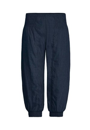 Pantalons en lin léger bleu marine avec taille et poignets élastiqués, présentant une coupe ample et fuselée ainsi qu'une texture subtile.