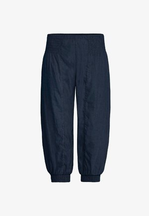 Pantalones de lino livianos en azul marino, con cintura y puños elastizados, que presentan un ajuste holgado y ceñido con una textura sutil.