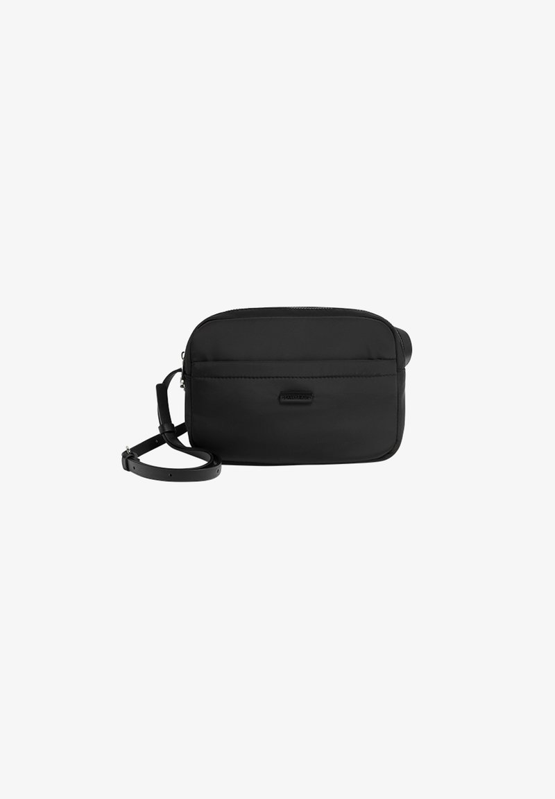 Sac bandoulière rectangulaire noir avec sangle réglable et poche avant zippée, design simple, isolé sur fond blanc.