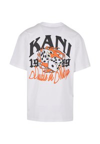 White cotton t-shirt featuring a large graphic of two dice with flames and text, "KANI 1989 Double or Nothing" in bold black and orange.