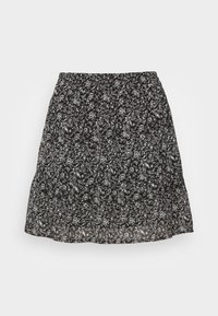 Jupe noire avec un motif floral blanc, taille élastique et ourlet légèrement évasé, posée à plat sur un fond clair.