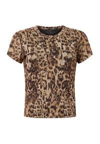 T-shirt a maniche corte, con scollo rotondo, in stampa leopardata nelle tonalità di marrone e oro. Tessuto liscio con una forma aderente e una texture sottile.