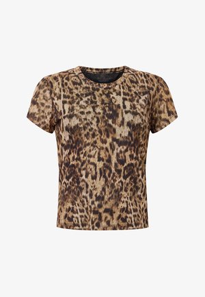 Short sleeve, round-neck leopard print t-shirt in shades of brown and gold. Smooth fabric with a fitted shape and subtle texture.