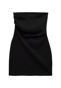 Schwarzes, trägerloses Minikleid aus weichem, dehnbarem Stoff. Hat ein gerafftes Oberteil und eine figurbetonte Silhouette. Glatte Textur, keine sichtbaren Beschläge.