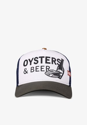 Mesh baseball cap with white front, dark brim, text "Oysters & Beer" and illustrated oyster and beer bottle on front panel.