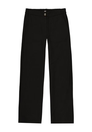 Black straight-leg pants with elastic waistband, front button closure, and side pockets, laid flat on a white background.
