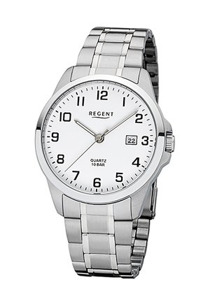 Silver stainless steel quartz watch with a white dial, black Arabic numerals, date display at 3 o'clock, and a polished metal bracelet.