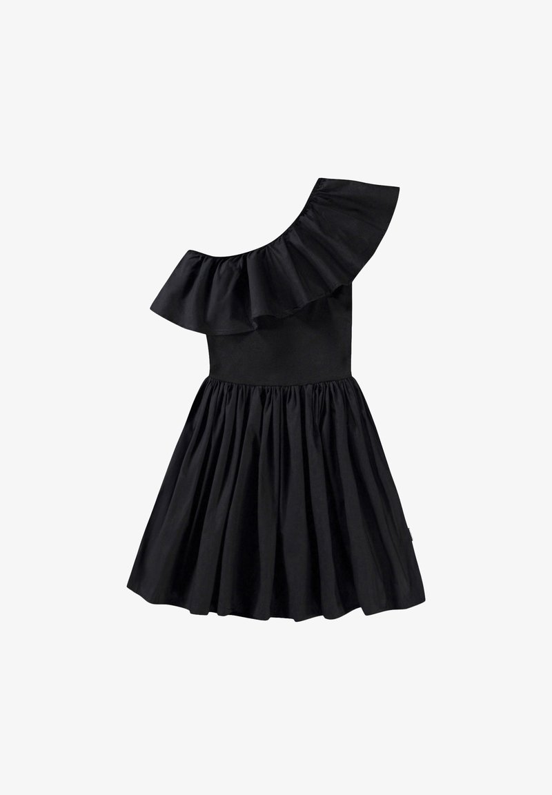 Μαύρο φόρεμα με σχέδιο ενός ώμου, ριχτό ντεκολτέ και φούστα με πτυχώσεις για όγκο. Κατασκευασμένο από ελαφρύ ύφασμα με λεία υφή.