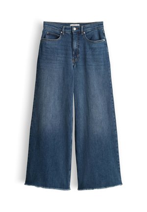 Blauwe wijde denim jeans met voor- en achterzakken, knoop- en ritssluiting, en onafgewerkte zoomranden.