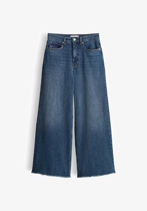 Blauwe wijde denim jeans met voor- en achterzakken, knoop- en ritssluiting, en onafgewerkte zoomranden.