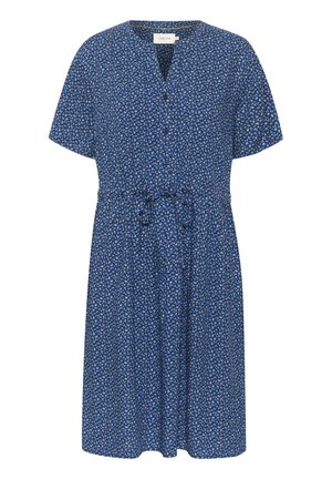Robe bleu à manches courtes avec un motif floral, décolleté en V, patte de boutonnage et taille à cordon pour un ajustement et une silhouette ajustables.