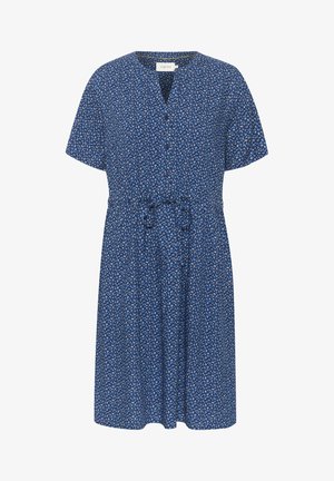 Kortærmet blå kjole med blomstermønster, V-udskæring, knaplukning og snore i taljen for justerbar pasform og silhuet.