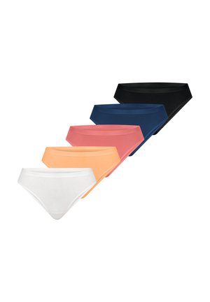 Five women's seamless cotton briefs in white, peach, pink, navy blue, and black, arranged in a staggered row on white background.