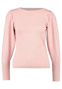 Pull rose clair avec un col rond, des poignets côtelés et des manches bouffantes, fabriqué en tissu doux et texturé.