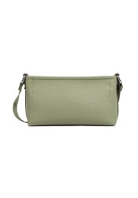 Borsa a tracolla rettangolare in pelle verde chiaro con superficie testurizzata e tracolla regolabile fissata da fibbie metalliche.