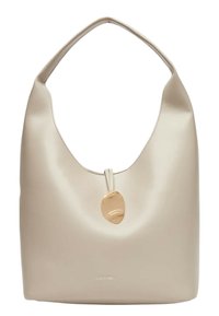 Borsa a hobo in pelle beige con finitura liscia, forma semi-strutturata e un'accortezza dorata sulla chiusura. Logo visibile sul fronte.