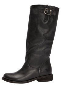 Botte noire en cuir montante au genou avec une texture lisse, un design courbé et un détail de boucle sur le haut. Semelle en bois robuste avec un léger talon.