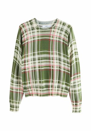 Zielono-biała kratka sweter z czerwonymi akcentami, okrągłym dekoltem, długimi rękawami i miękką teksturą. Projekt charakteryzuje się skróconym krojem i luźnym fasonem.