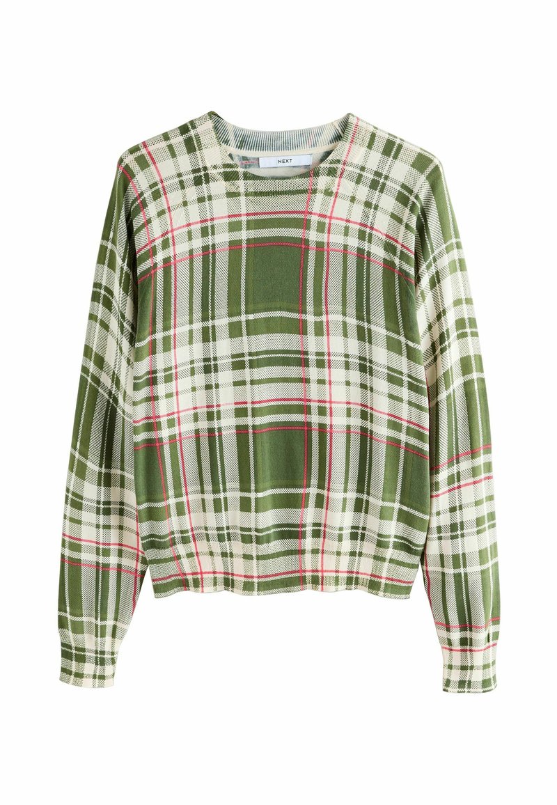 Groene en witte geruite trui met rode accenten, ronde halslijn, lange mouwen en een zachte textuur. Het ontwerp heeft een cropped snit en een ontspannen pasvorm.