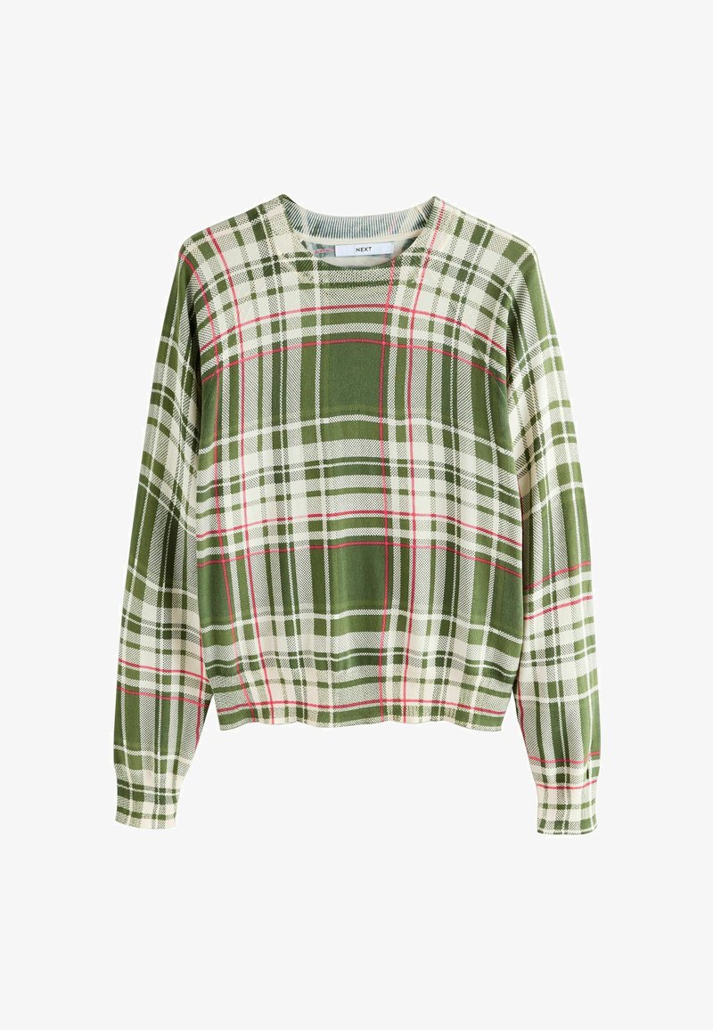 Sweater à carreaux vert et blanc avec des accents rouges, col rond, manches longues et texture douce. Le design présente une coupe courte et une coupe décontractée.
