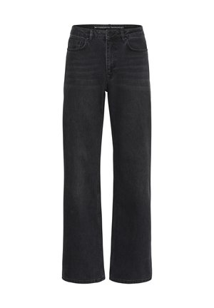 Schwarze hoch taillierte gerade Jeans mit Front- und Gesäßtaschen sowie Knopfverschluss, innen am Bund mit "My Essential Wardrobe" etikettiert.
