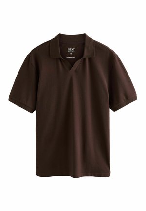 Brown short-sleeve polo shirt with regular fit, open collar, and "NEXT" brand label, size medium, made in Bangladesh.