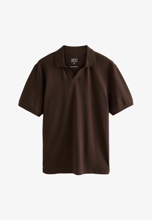Brown short-sleeve polo shirt with regular fit, open collar, and "NEXT" brand label, size medium, made in Bangladesh.
