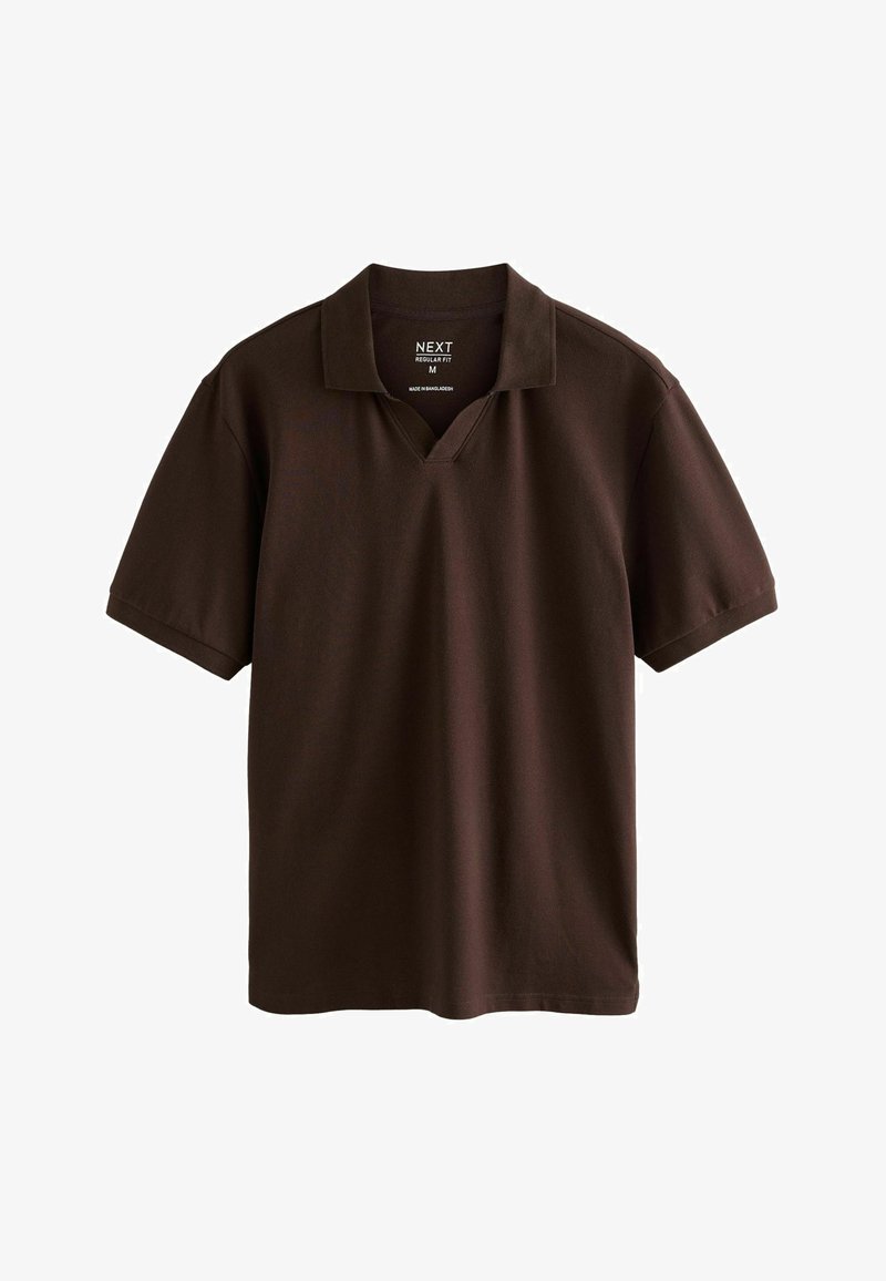 Braunes kurzärmeliges Poloshirt mit normaler Passform, offenem Kragen und „NEXT“-Markenetikett, Größe Medium, hergestellt in Bangladesch.
