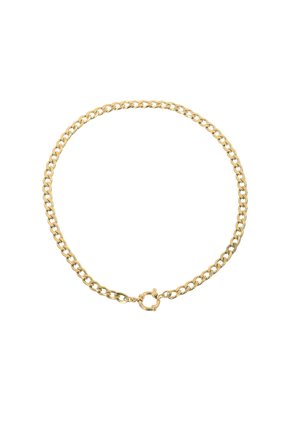 La collana in oro presenta anelli interconnessi, una superficie liscia e un gancio a molla rotondo. Design semplice, colore uniforme in tutta la collana.
