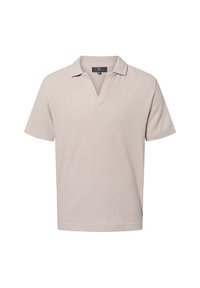 Beige Poloshirt mit kurzen Ärmeln aus strukturiertem Stoff, einem halben Knopfverschluss und einem klassischen Kragen. Einfaches Design ohne Muster oder Akzente.