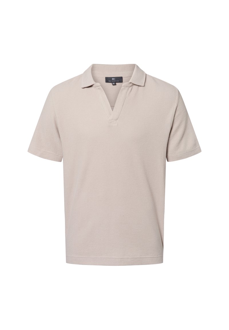 Beige Poloshirt mit kurzen Ärmeln aus strukturiertem Stoff, einem halben Knopfverschluss und einem klassischen Kragen. Einfaches Design ohne Muster oder Akzente.