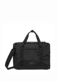 Sac de sport noir en nylon durable, doté de deux poignées supérieures, d'une bandoulière réglable et d'une poche frontale zippée.