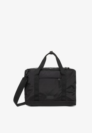 Zwarte duffelbag van duurzaam nylon, met twee bovenhandvatten, een verstelbare schouderriem en een voorzak met rits.