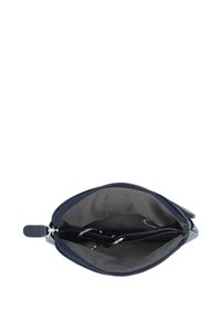 Marineblauwe leren pouch met een ritssluiting, voorzien van een grijze stoffen binnenkant en ruimte voor sleutels en kleine items, met een gladde textuur.