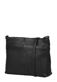 Borsa a tracolla nera in pelle con superficie texturizzata, forma rettangolare, tracolla regolabile e tasca frontale. Logo discreto sul lato.
